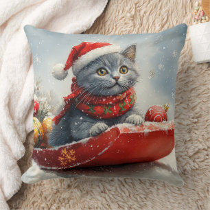 Russian Blue Cat in Sledge Let it Snow Christmas Throw Pillow