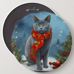 Russian Blue Cat in Snow Christmas 6 Inch Round Button
