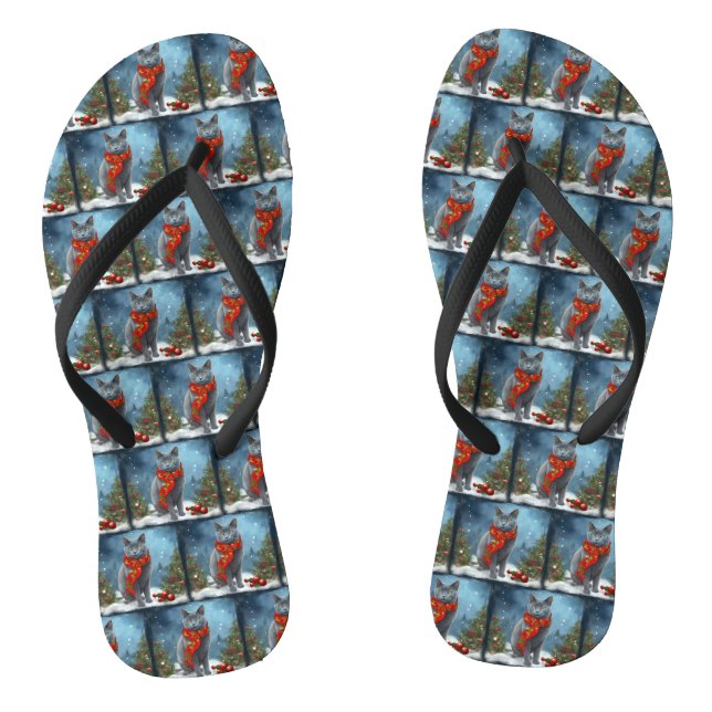 Russian Blue Cat in Snow Christmas Flip Flops (Footbed)