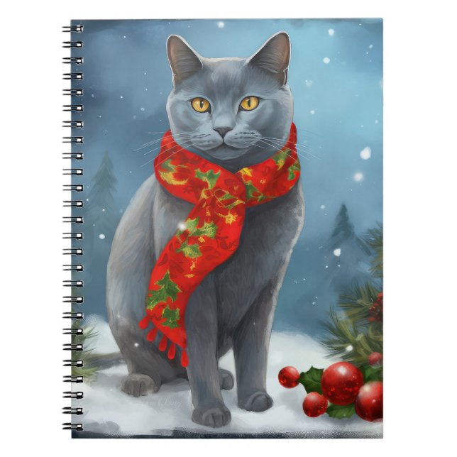 Russian Blue Cat in Snow Christmas Notebook (Front)