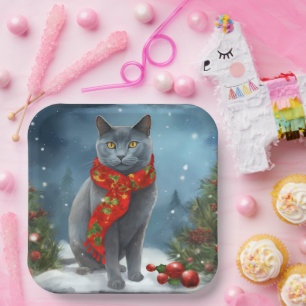Russian Blue Cat in Snow Christmas Paper Plate