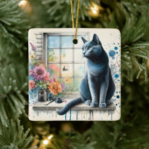 Russian Blue Cat in Window with Watercolor Flower Ceramic Ornament