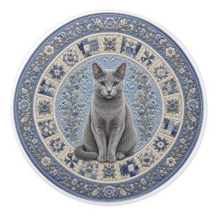 Russian Blue Cat Quilt  Ceramic Knob