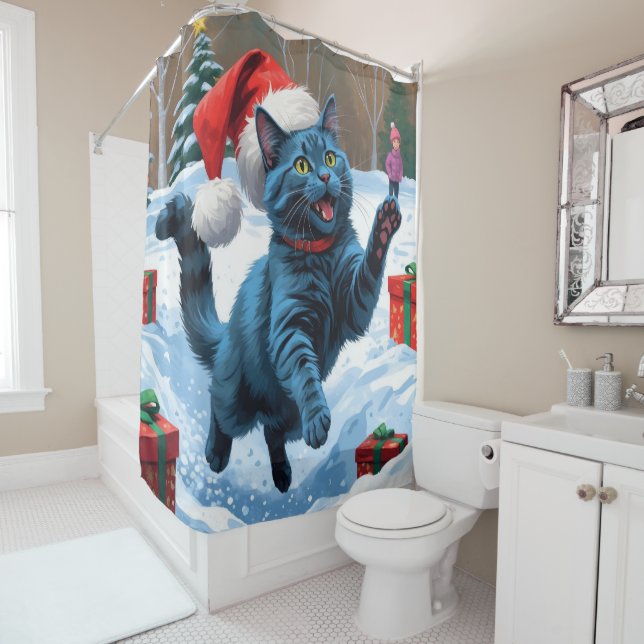 Russian Blue Cat Running Snow with Christmas Hat (In Situ)