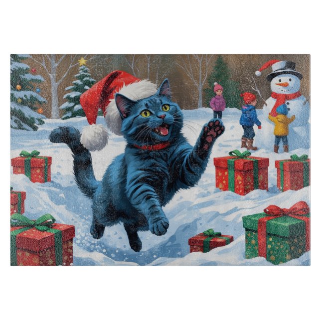 Russian Blue Cat Running Snow with Christmas Hat Cutting Board (Front)