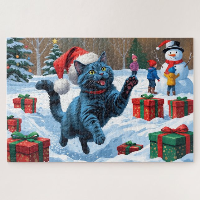 Russian Blue Cat Running Snow with Christmas Hat Jigsaw Puzzle (Horizontal)