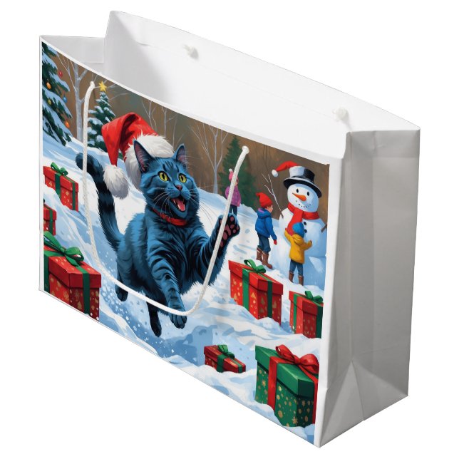 Russian Blue Cat Running Snow with Christmas Hat Large Gift Bag (Front Angled)