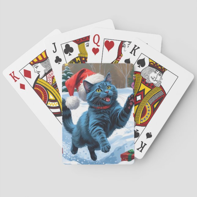 Russian Blue Cat Running Snow with Christmas Hat Playing Cards (Back)