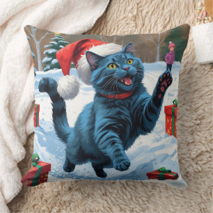 Russian Blue Cat Running Snow with Christmas Hat Throw Pillow