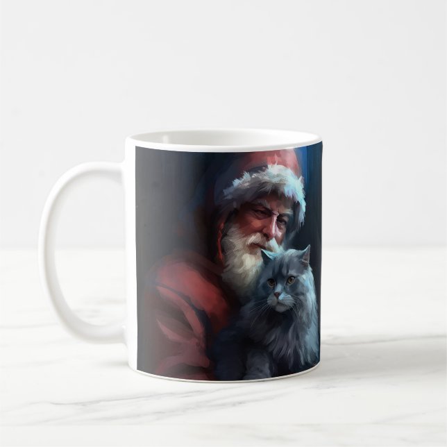 Russian Blue Cat Santa Claus Festive Christmas Coffee Mug (Left)