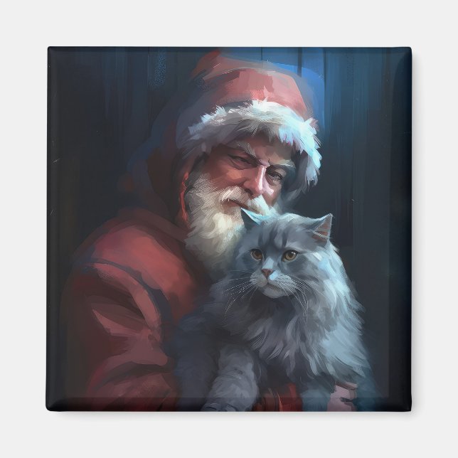 Russian Blue Cat Santa Claus Festive Christmas Magnet (Front)