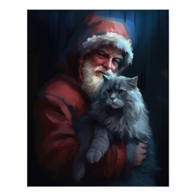 Russian Blue Cat Santa Claus Festive Christmas Poster (Front)