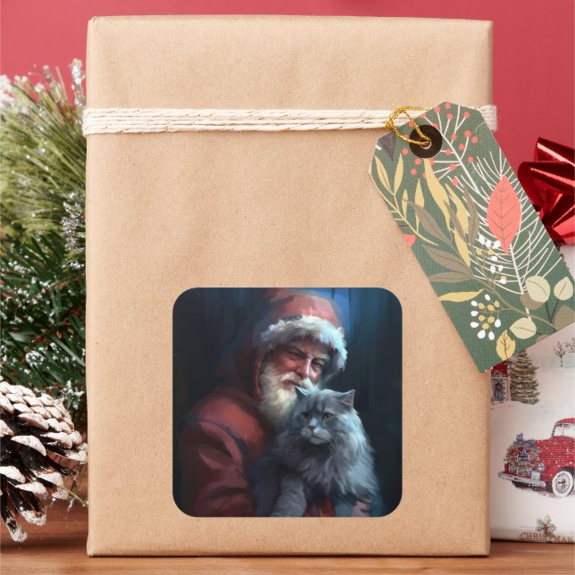 Russian Blue Cat Santa Claus Festive Christmas Square Sticker (Holiday)