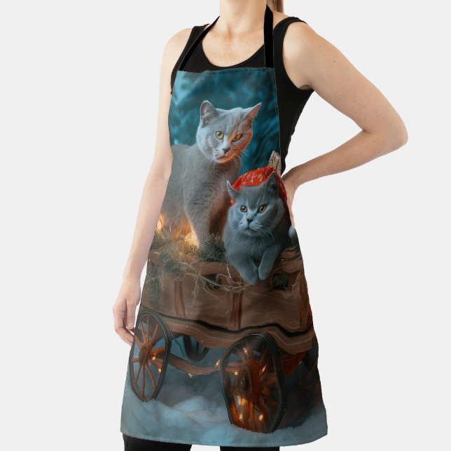 Russian Blue Cat Snowy Sleigh Christmas Decor Apron (Insitu)