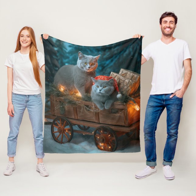 Russian Blue Cat Snowy Sleigh Christmas Decor Fleece Blanket (In Situ)