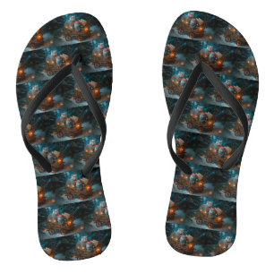 Russian Blue Cat Snowy Sleigh Christmas Decor Flip Flops