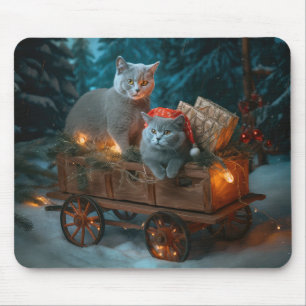 Russian Blue Cat Snowy Sleigh Christmas Decor Mouse Pad