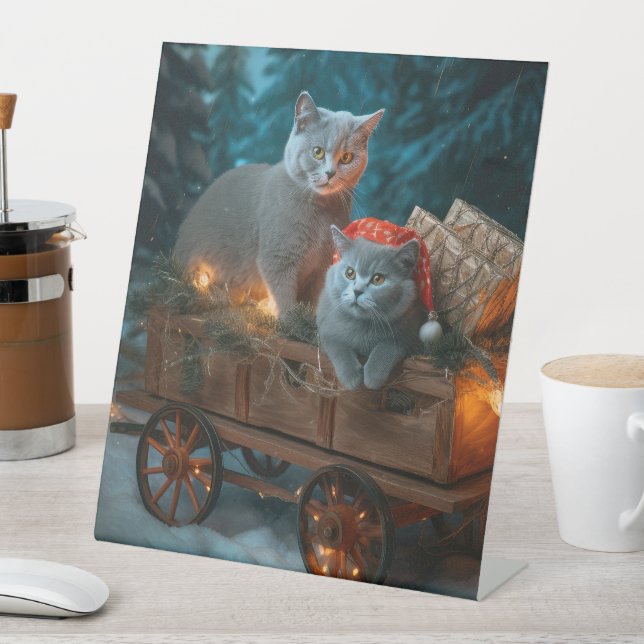 Russian Blue Cat Snowy Sleigh Christmas Decor Pedestal Sign (In SItu)