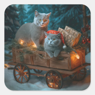 Russian Blue Cat Snowy Sleigh Christmas Decor Square Sticker