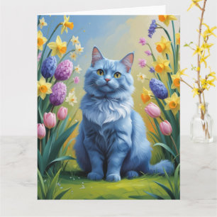 Russian Blue Cat Spring Flowers Painting  Card