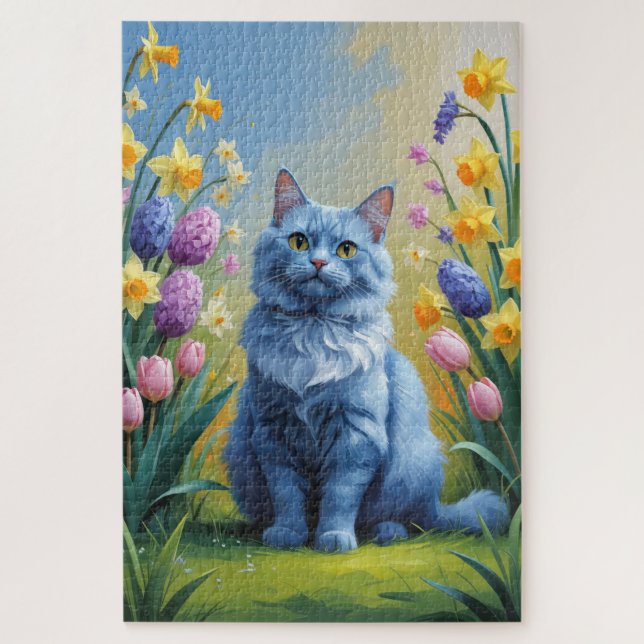 Russian Blue Cat Spring Flowers Painting  Jigsaw Puzzle (Vertical)