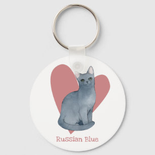 Russian Blue Cat Watercolor Kitty Pink Heart Keychain