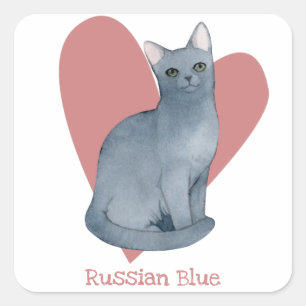 Russian Blue Cat Watercolor Kitty Pink Heart Square Sticker