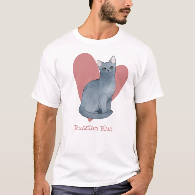 Russian Blue Cat Watercolor Kitty Pink Heart T-Shirt (Front)