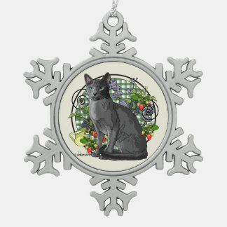 Russian Blue Cat with Berries Snowflake Pewter Christmas Ornament