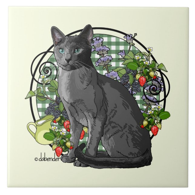 Russian Blue Cat with Berries Tile (Front)