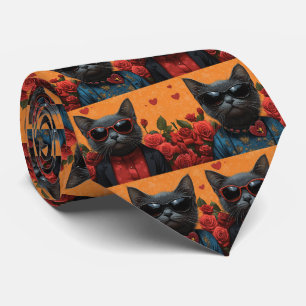 Russian Blue Cat with Heart Roses Valentine's Day Tie