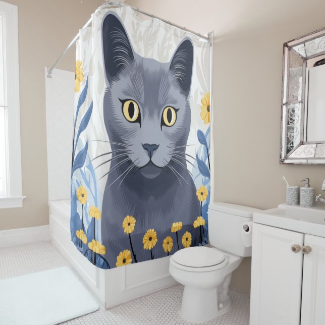 Russian Blue Cat Yellow Flowers (In Situ)