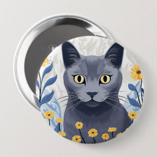 Russian Blue Cat Yellow Flowers 4 Inch Round Button