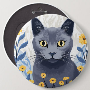 Russian Blue Cat Yellow Flowers 6 Inch Round Button