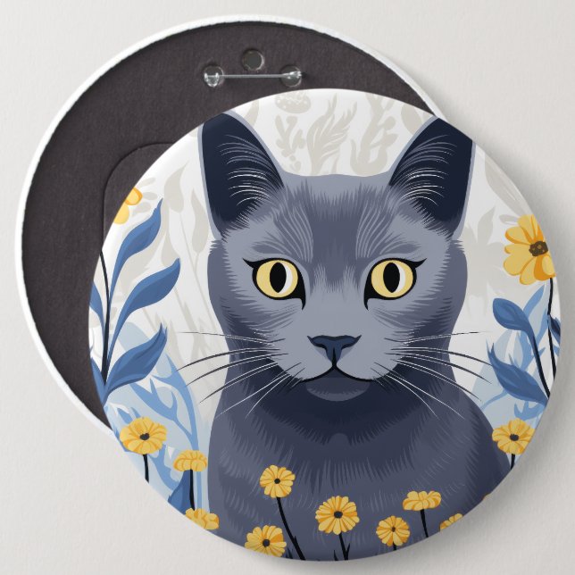 Russian Blue Cat Yellow Flowers 6 Inch Round Button (Front & Back)