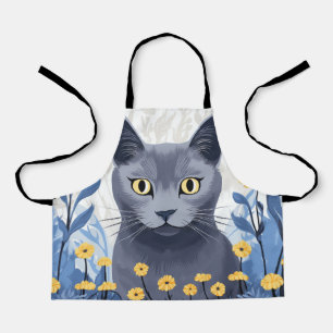 Russian Blue Cat Yellow Flowers Apron