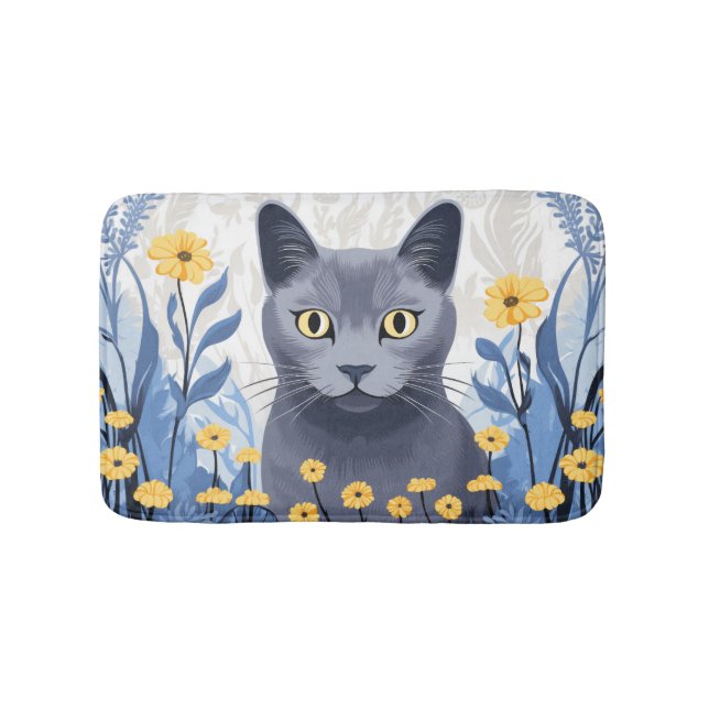 Russian Blue Cat Yellow Flowers Bath Mat (Front)