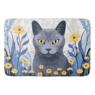 Russian Blue Cat Yellow Flowers Bath Mat
