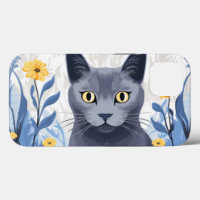 Russian Blue Cat Yellow Flowers