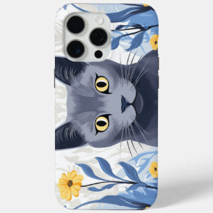 Russian Blue Cat Yellow Flowers iPhone 15 Pro Max Case