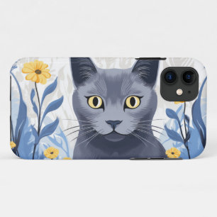 Russian Blue Cat Yellow Flowers iPhone 11 Case