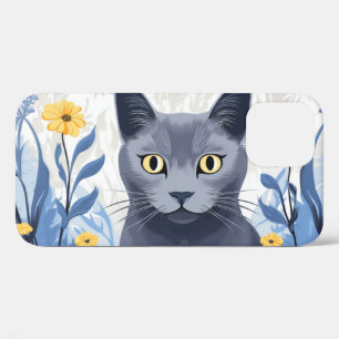 Russian Blue Cat Yellow Flowers iPhone 12 Case