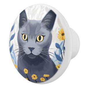 Russian Blue Cat Yellow Flowers Ceramic Knob