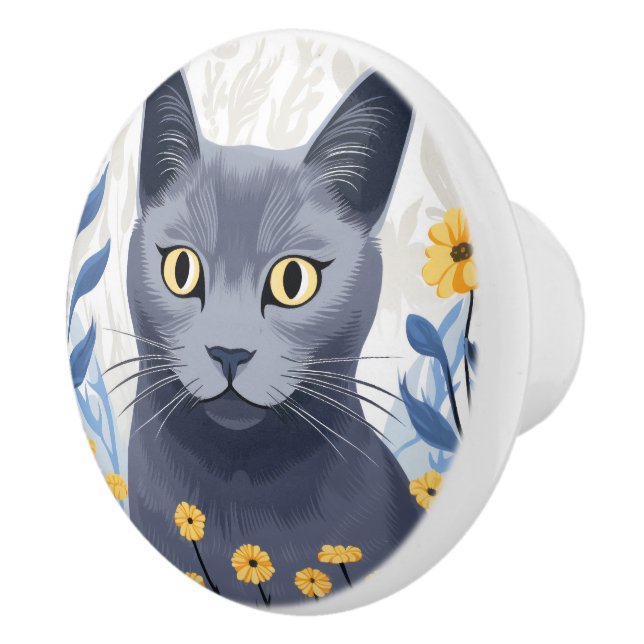 Russian Blue Cat Yellow Flowers Ceramic Knob (Right)