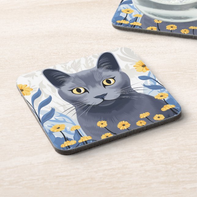 Russian Blue Cat Yellow Flowers Coaster (Left Side)