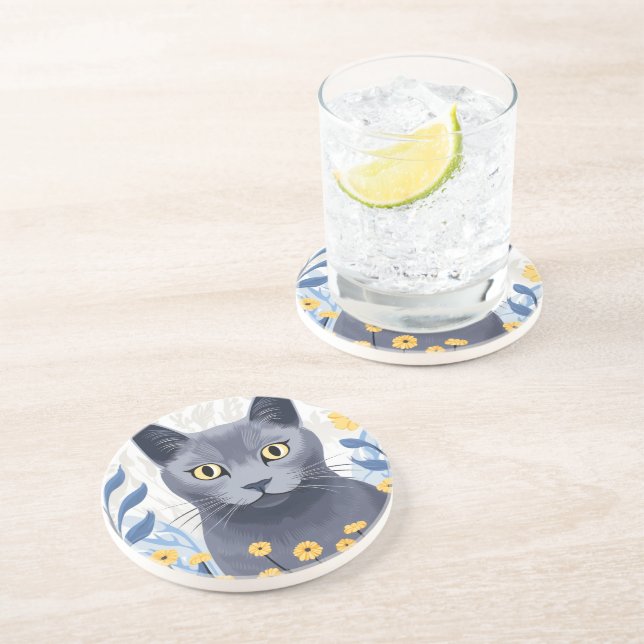 Russian Blue Cat Yellow Flowers Coaster (Side)