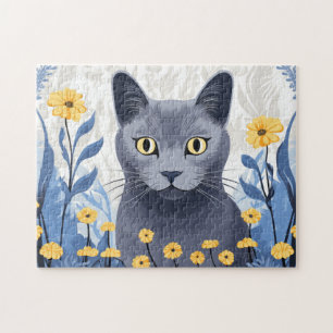 Russian Blue Cat Yellow Flowers Jigsaw Puzzle