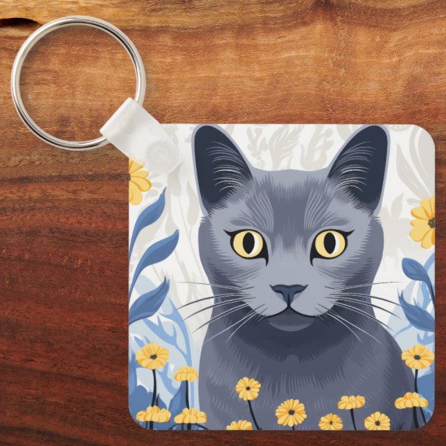 Russian Blue Cat Yellow Flowers Keychain (Front)