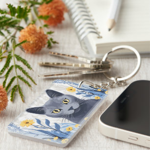 Russian Blue Cat Yellow Flowers Keychain