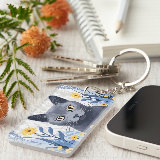 Russian Blue Cat Yellow Flowers Keychain (Front Right)